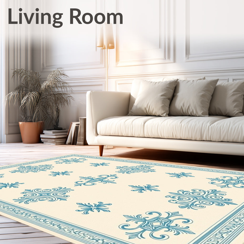 Classic Teal Medallion Cream Border Rug