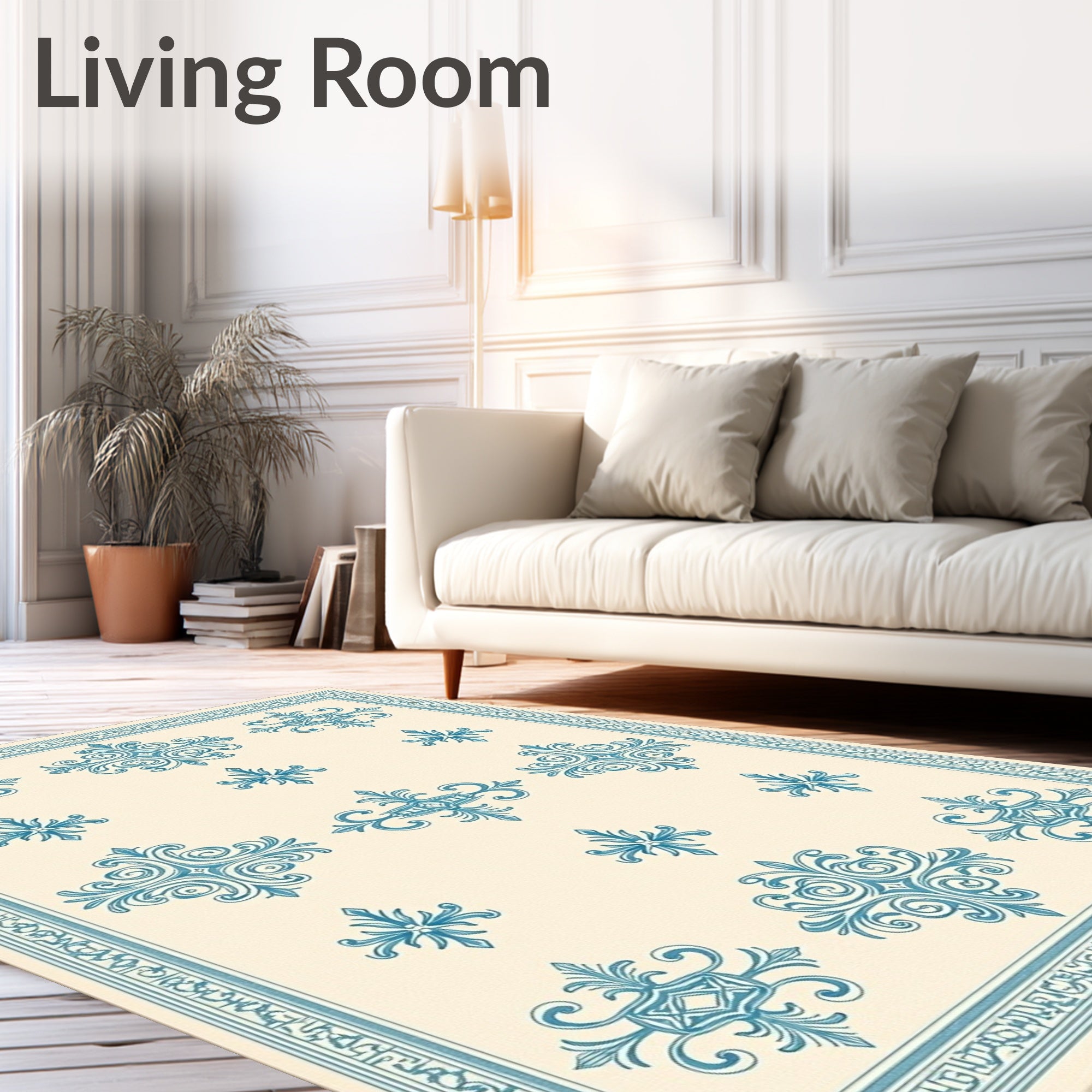 Classic Teal Medallion Cream Border Rug