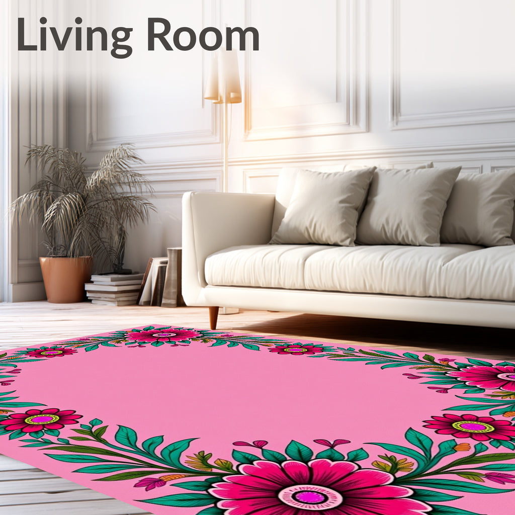 Bright Fuchsia Floral Vine Border Rug