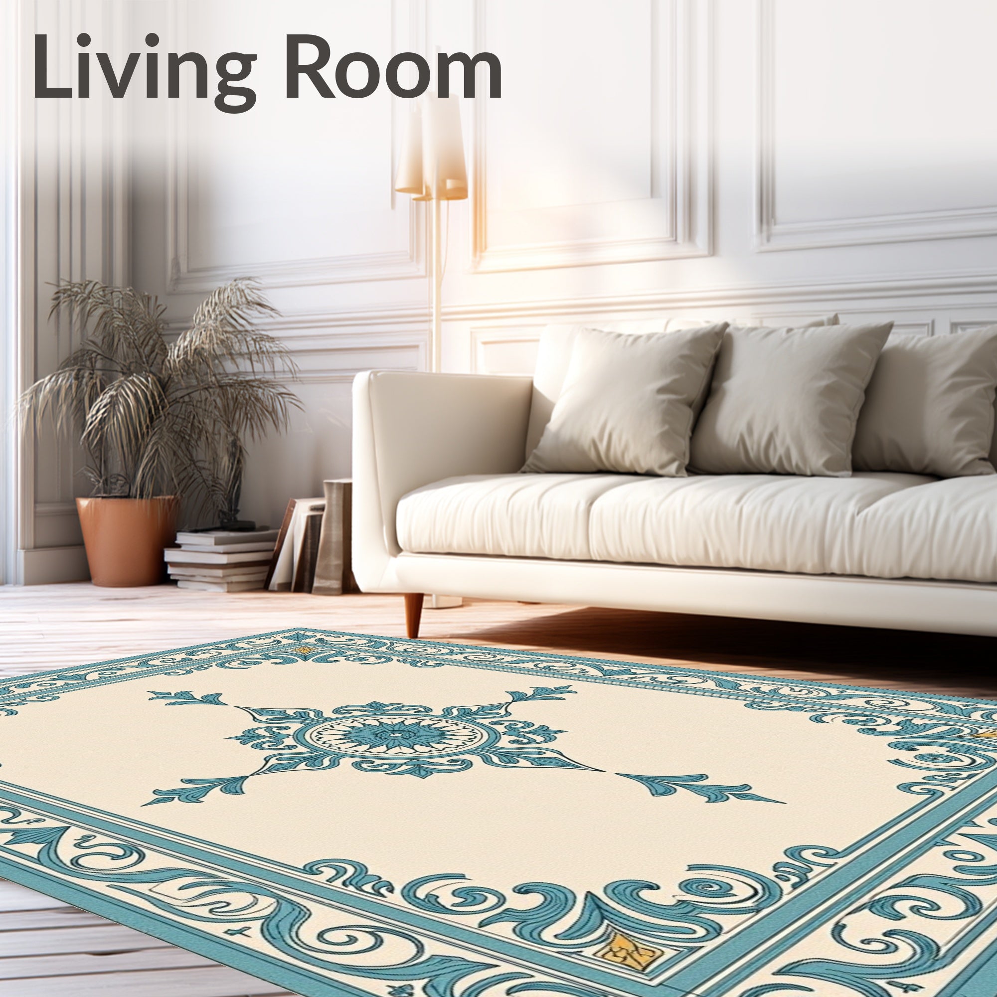 Elegant Teal Floral Medallion Border Rug