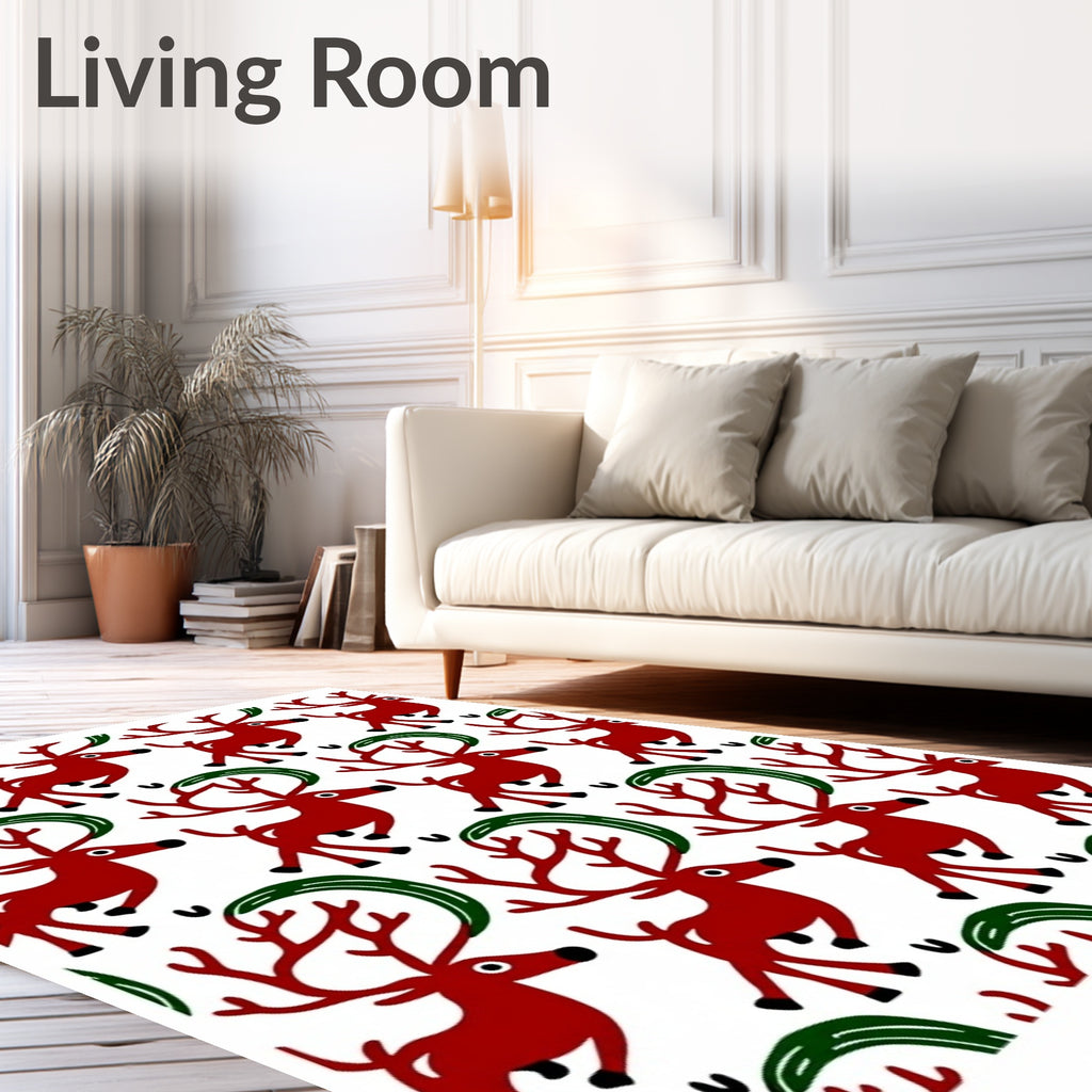 Red Reindeer Green Swirls Repeating Pattern Rug
