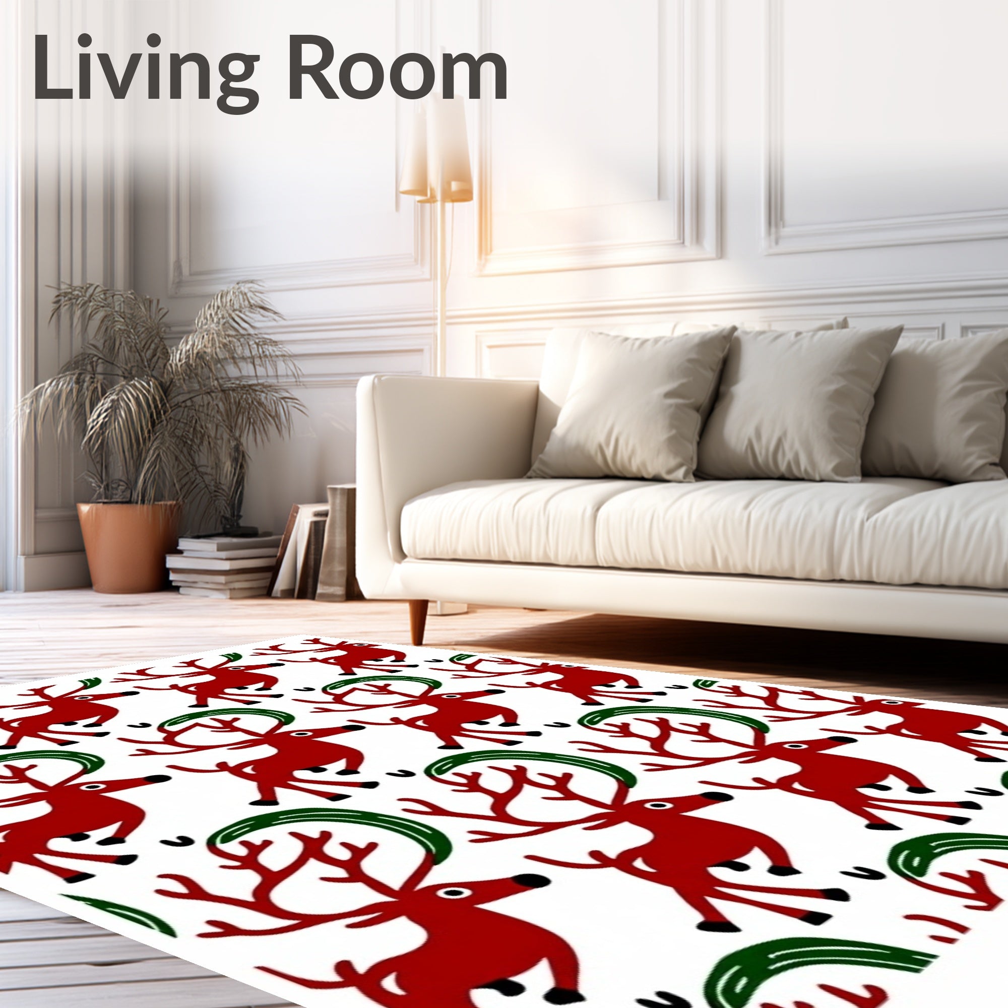 Red Reindeer Green Swirls Repeating Pattern Rug