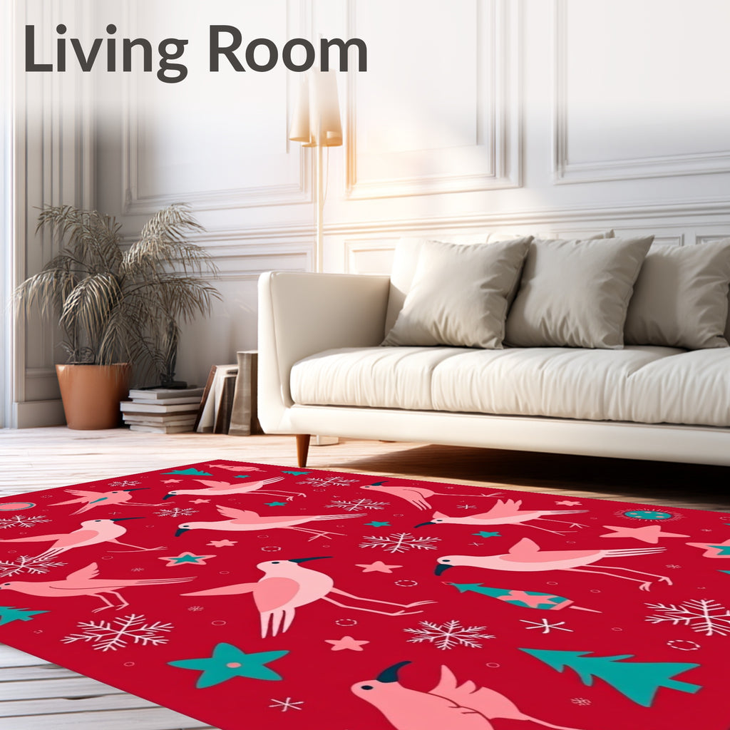 Pink Birds with Teal Stars Snowflakes Rug