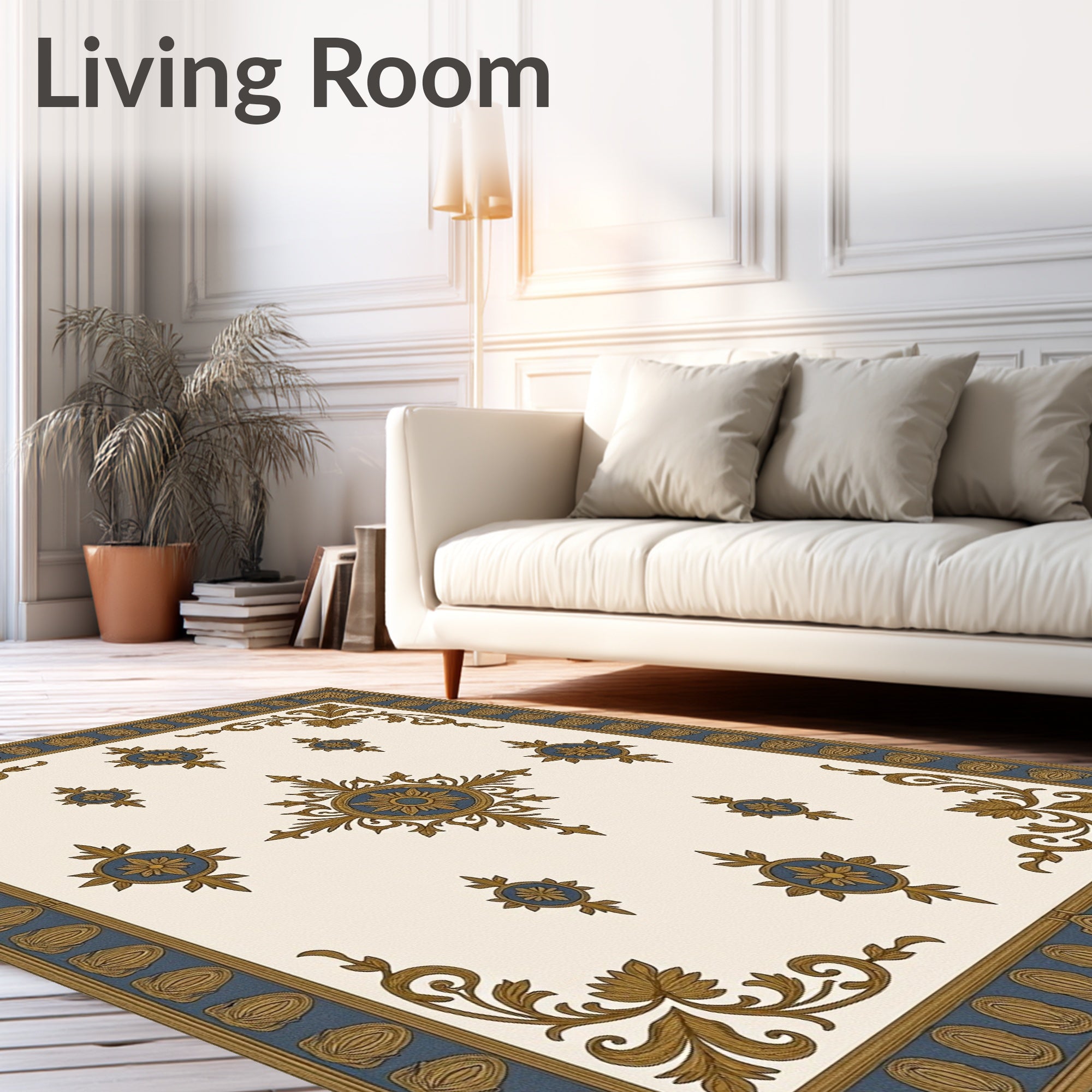 Classic Gold Blue Floral Medallion Rug