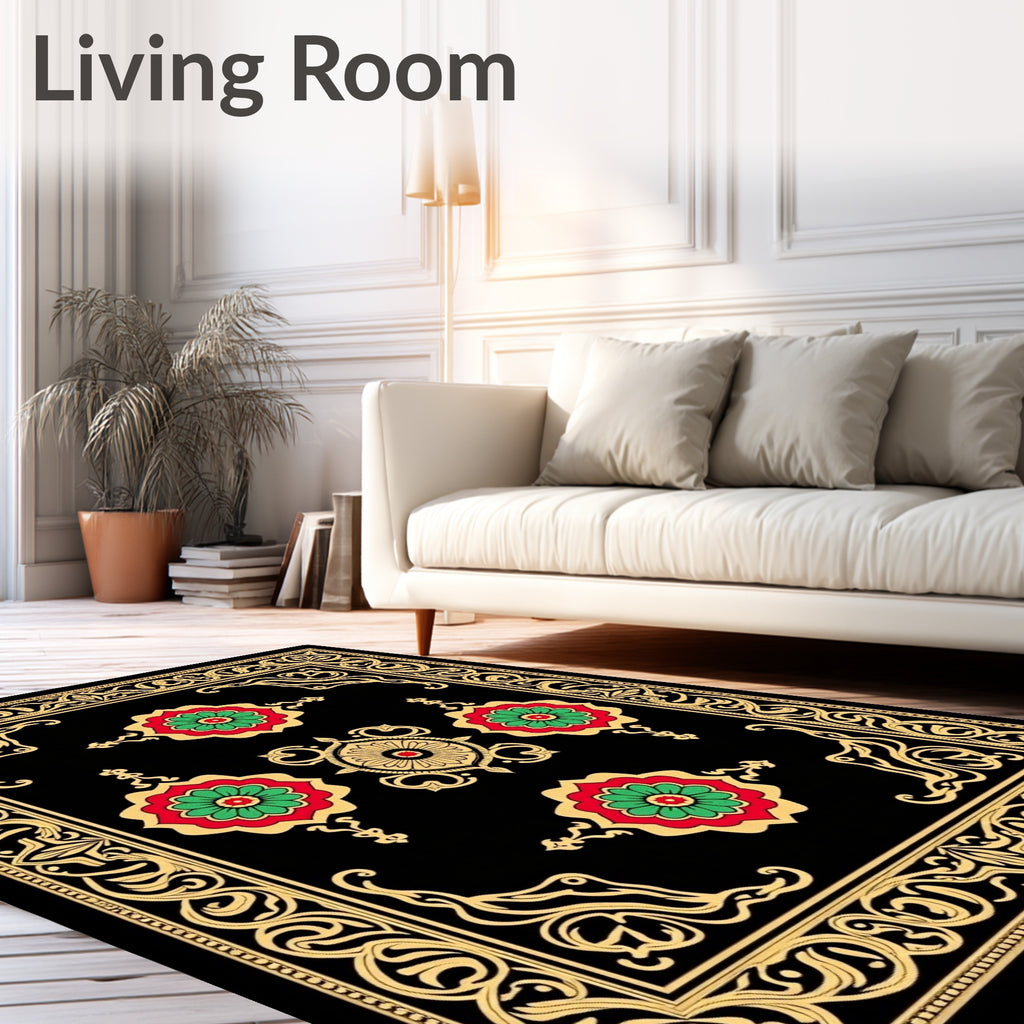 Black Gold Red Green Floral Medallion Rug