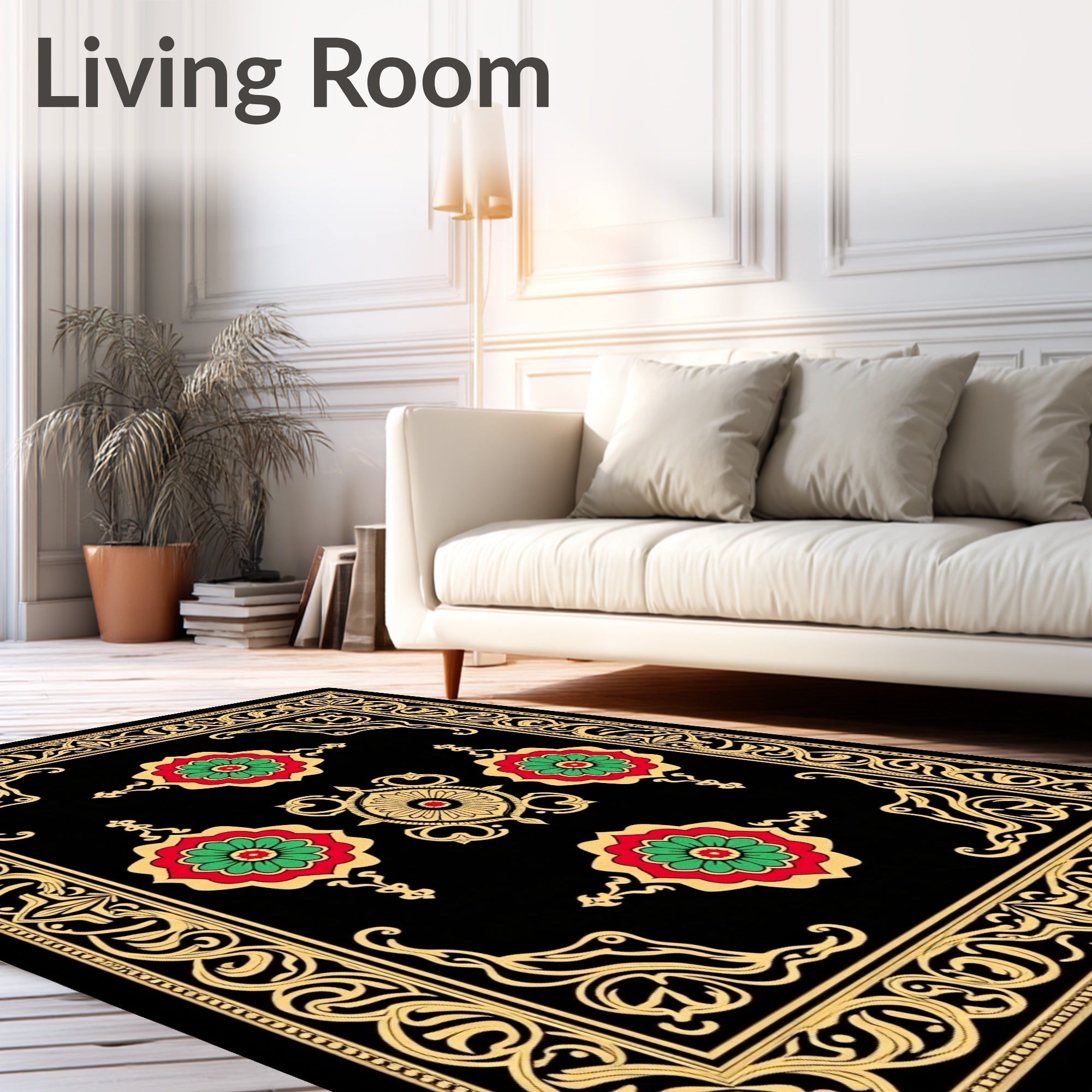 Black Gold Red Green Floral Medallion Rug