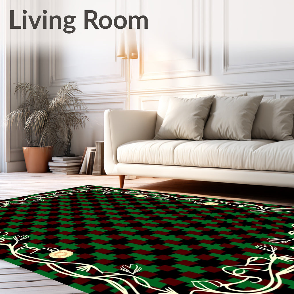 Crimson Green Geometric Vine Floral Rug