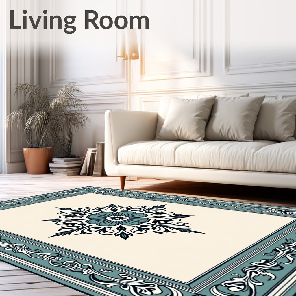 Teal and cream floral ornate frame Rug