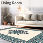 Teal and cream floral ornate frame Rug