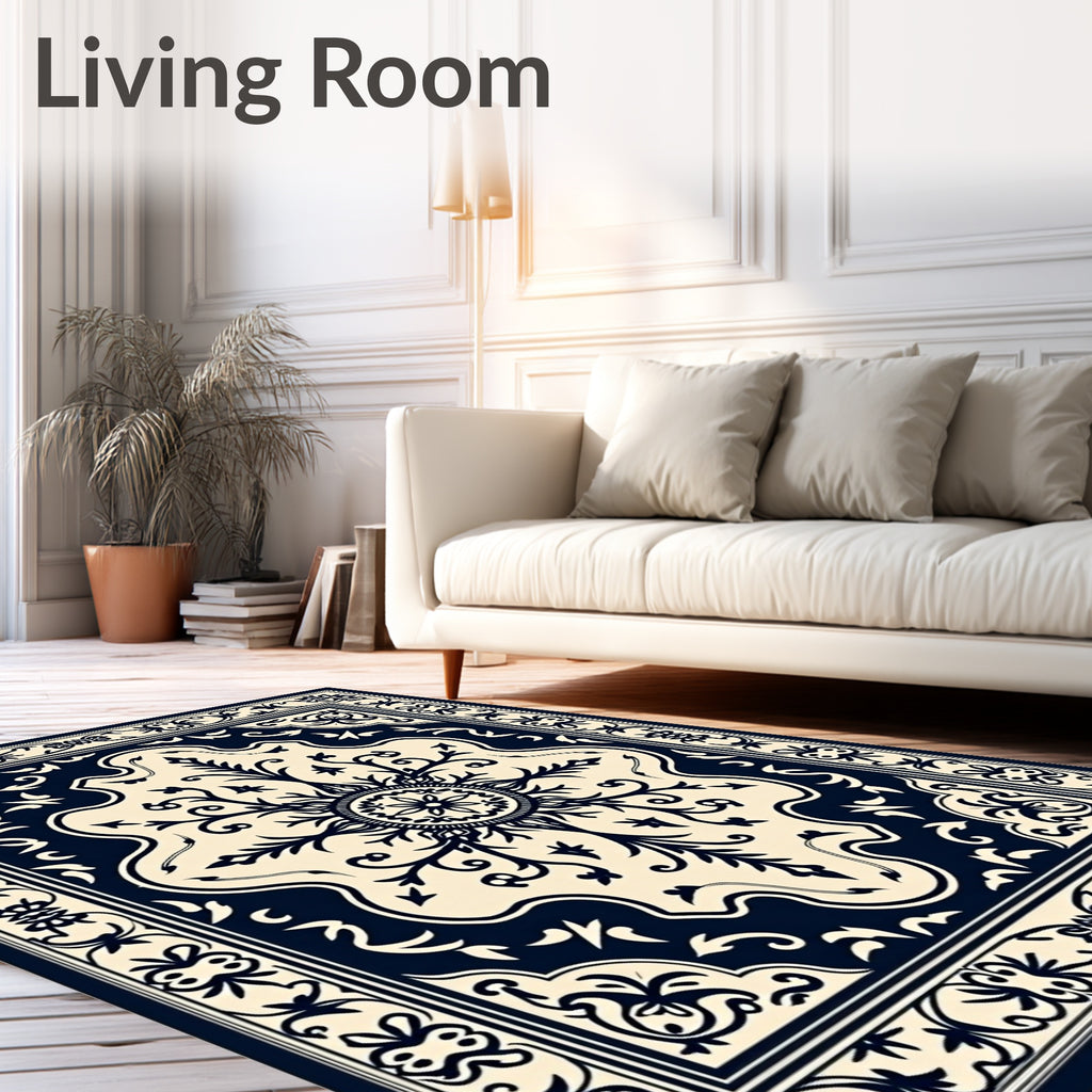 Ornate Navy Cream Medallion Artwork Rug