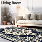 Ornate Navy Cream Medallion Artwork Rug