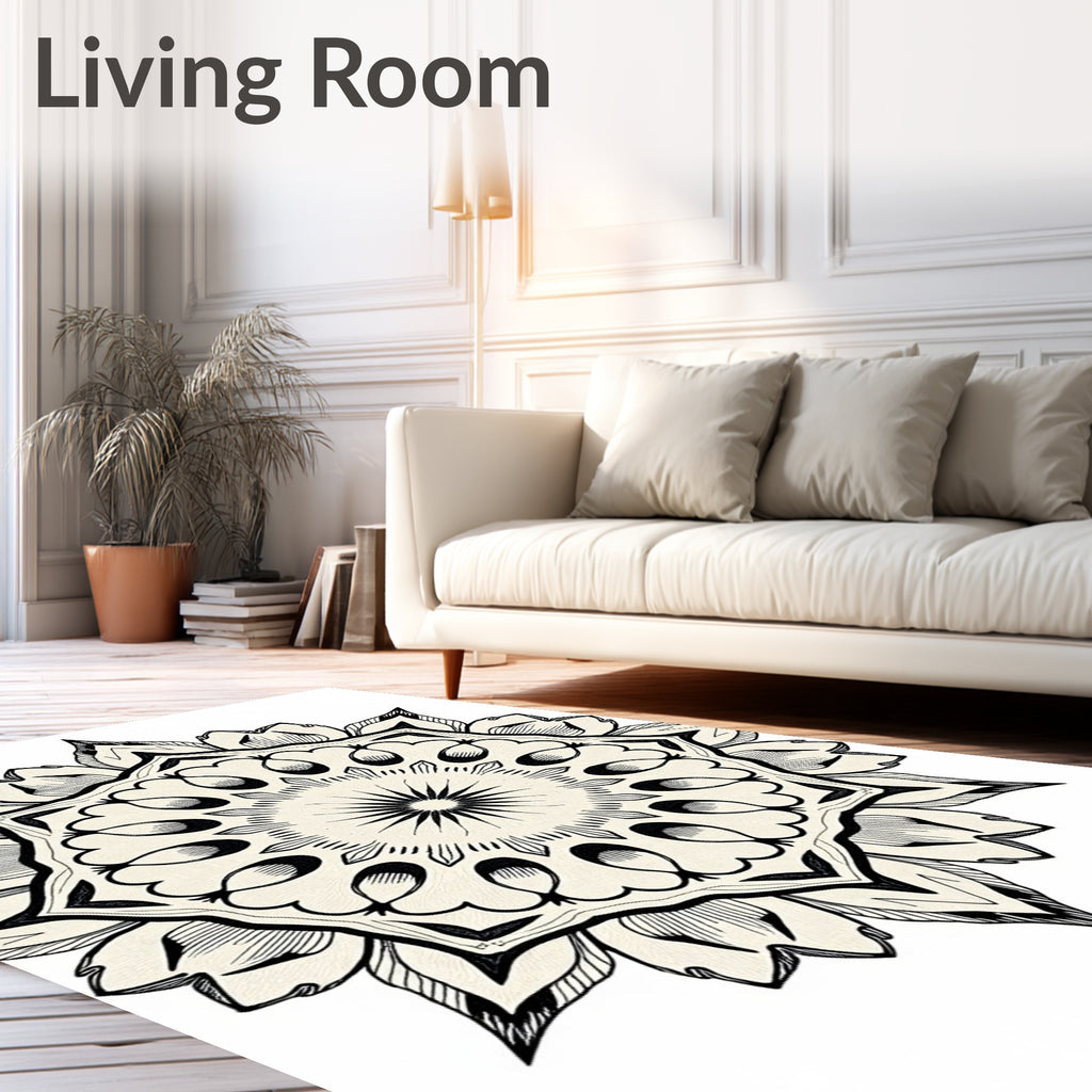 Ornate Black White Mandala Flower Rug