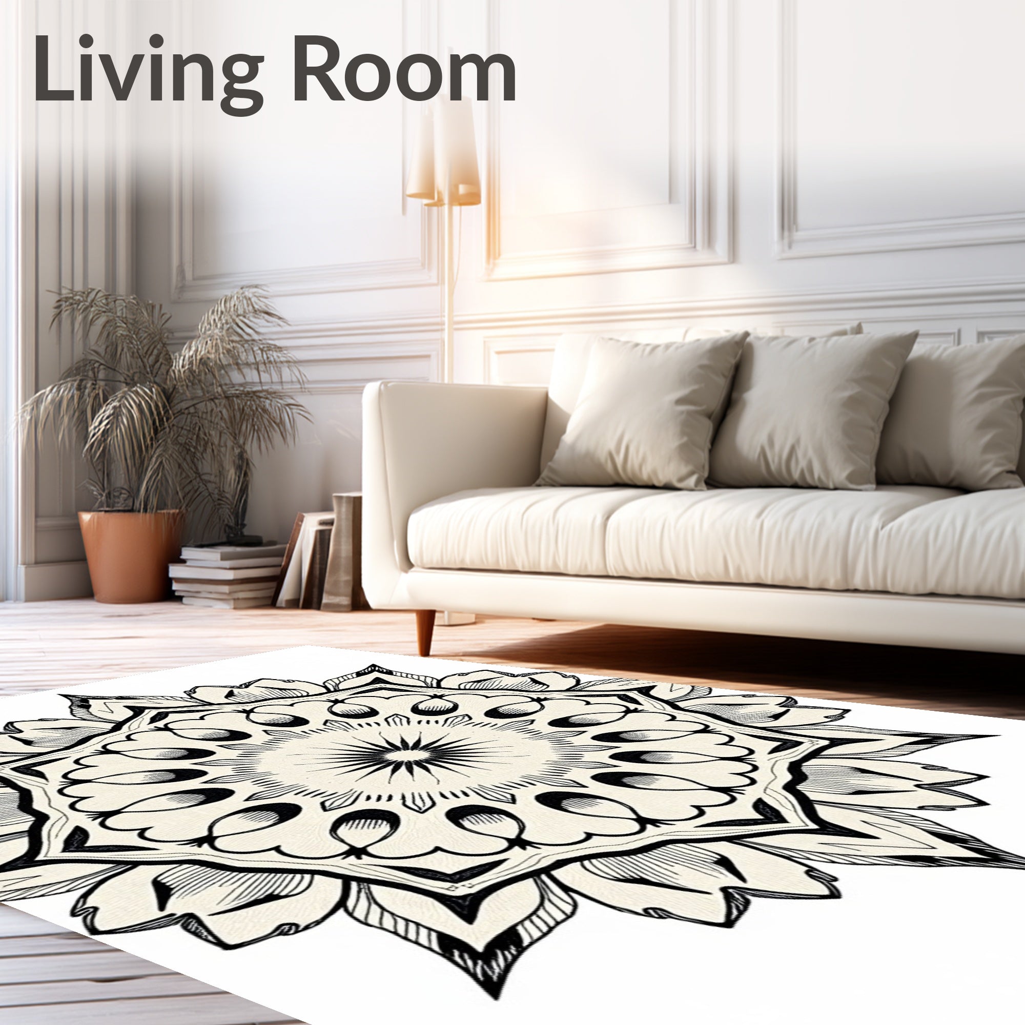 Ornate Black White Mandala Flower Rug