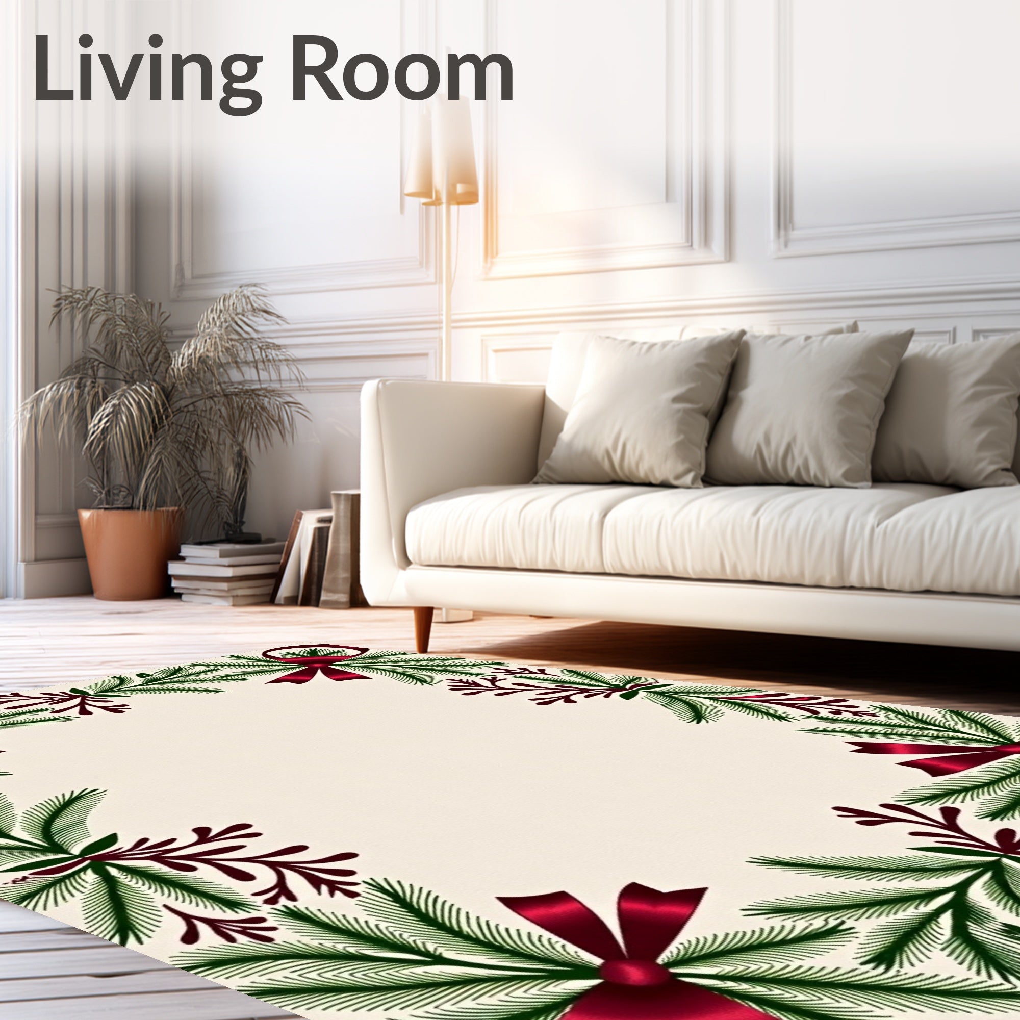 Festive Green Pine Red Bow Wreath Rug