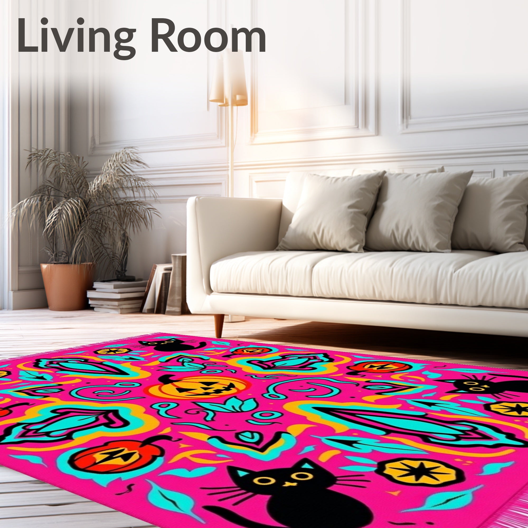 Bright Pink Halloween Black Cat Pumpkin Rug