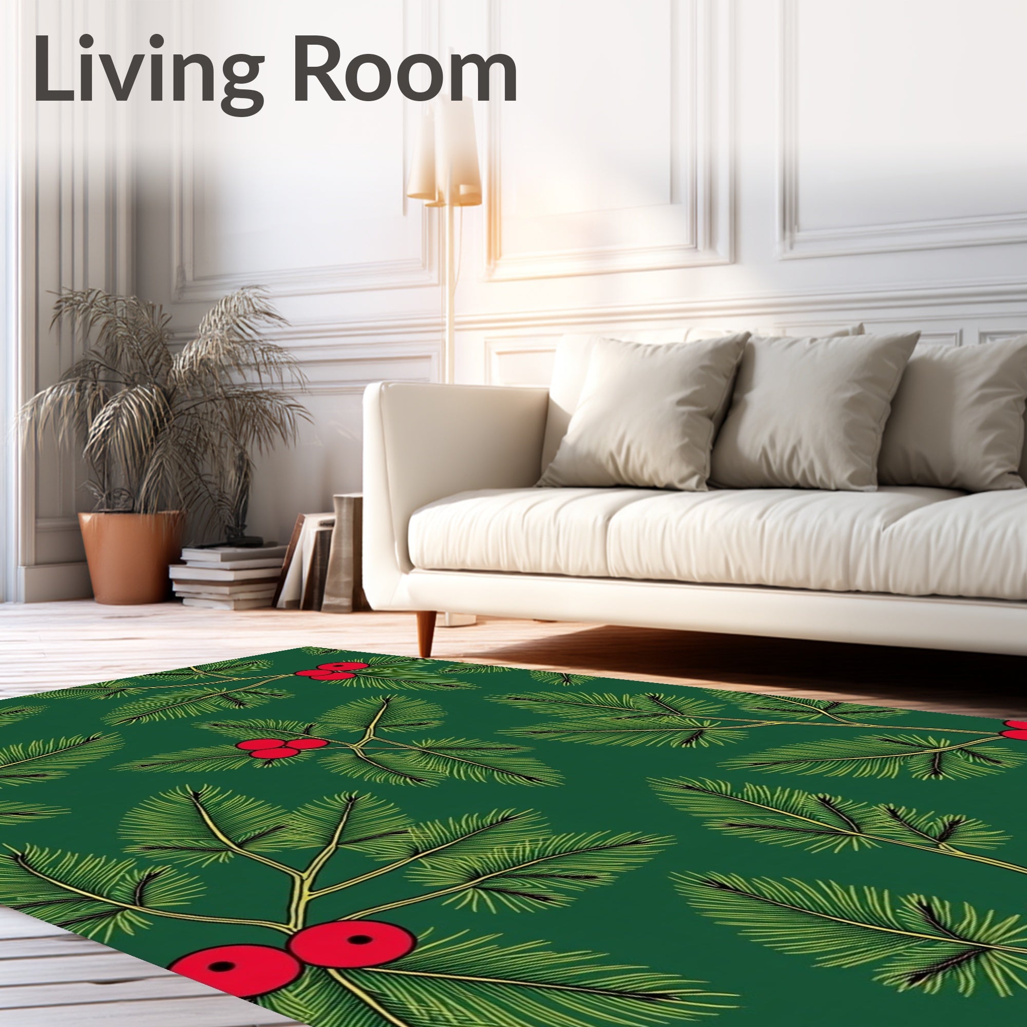 Festive Green Holly Berry Sprigs Rug