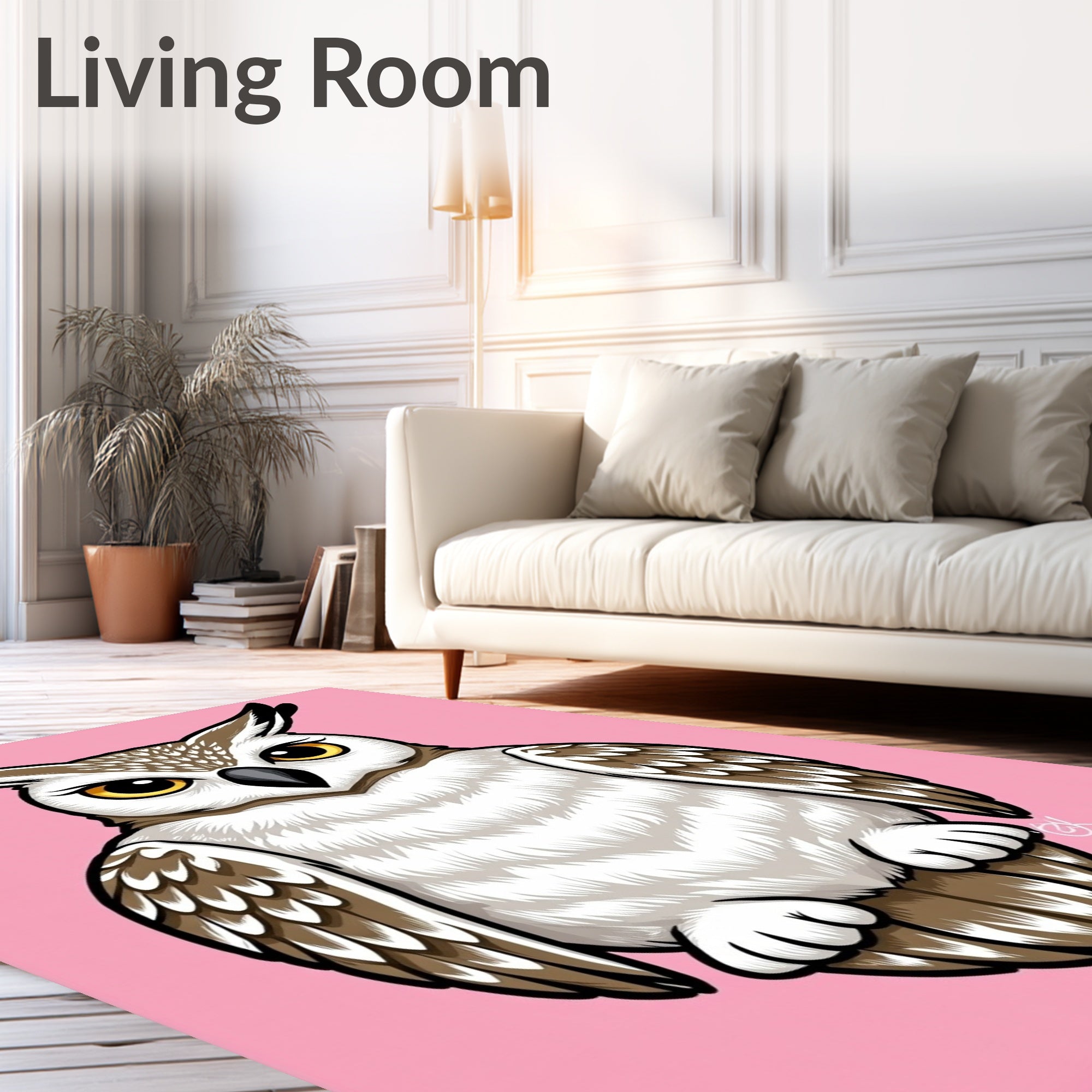 Cartoon Yellow Eyed Owl Pink Background Rug