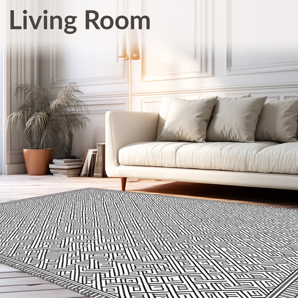 Intricate Black and White Geometric Maze Rug