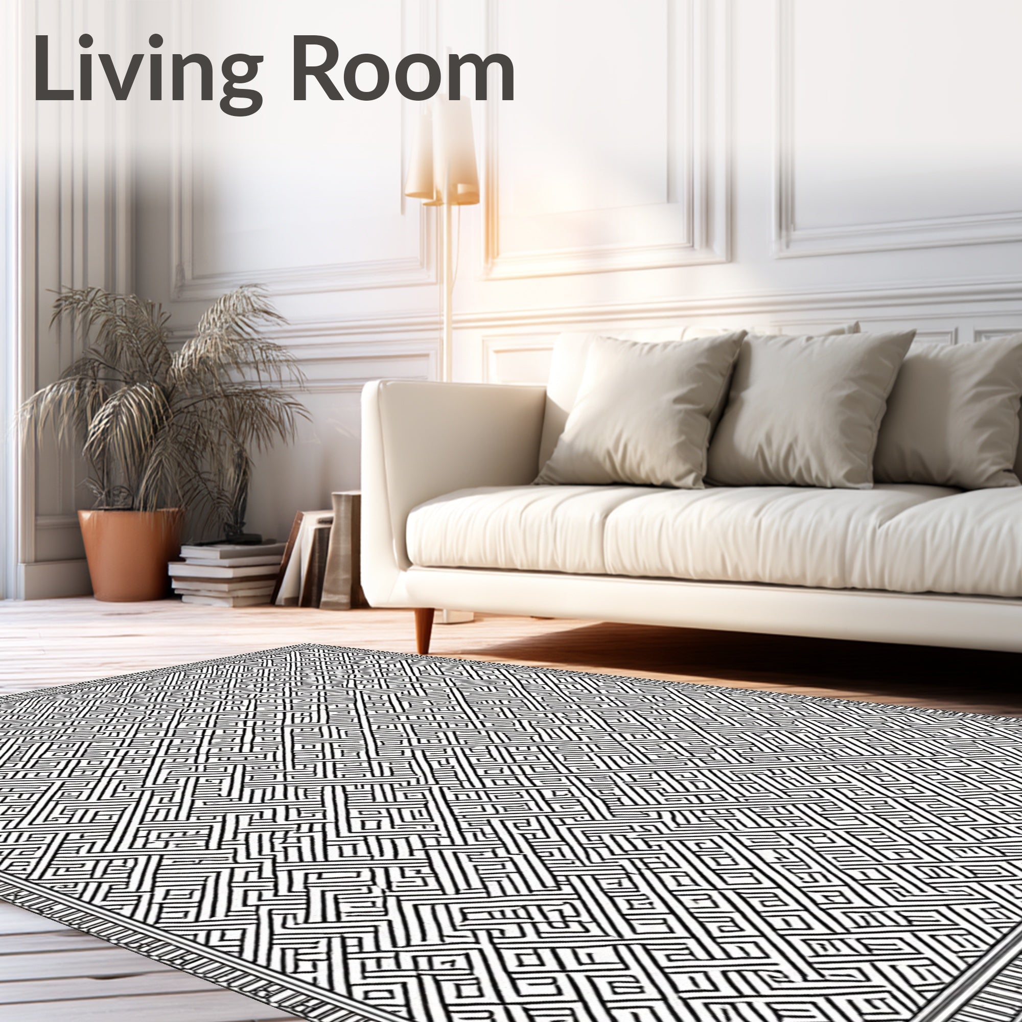 Intricate Black and White Geometric Maze Rug