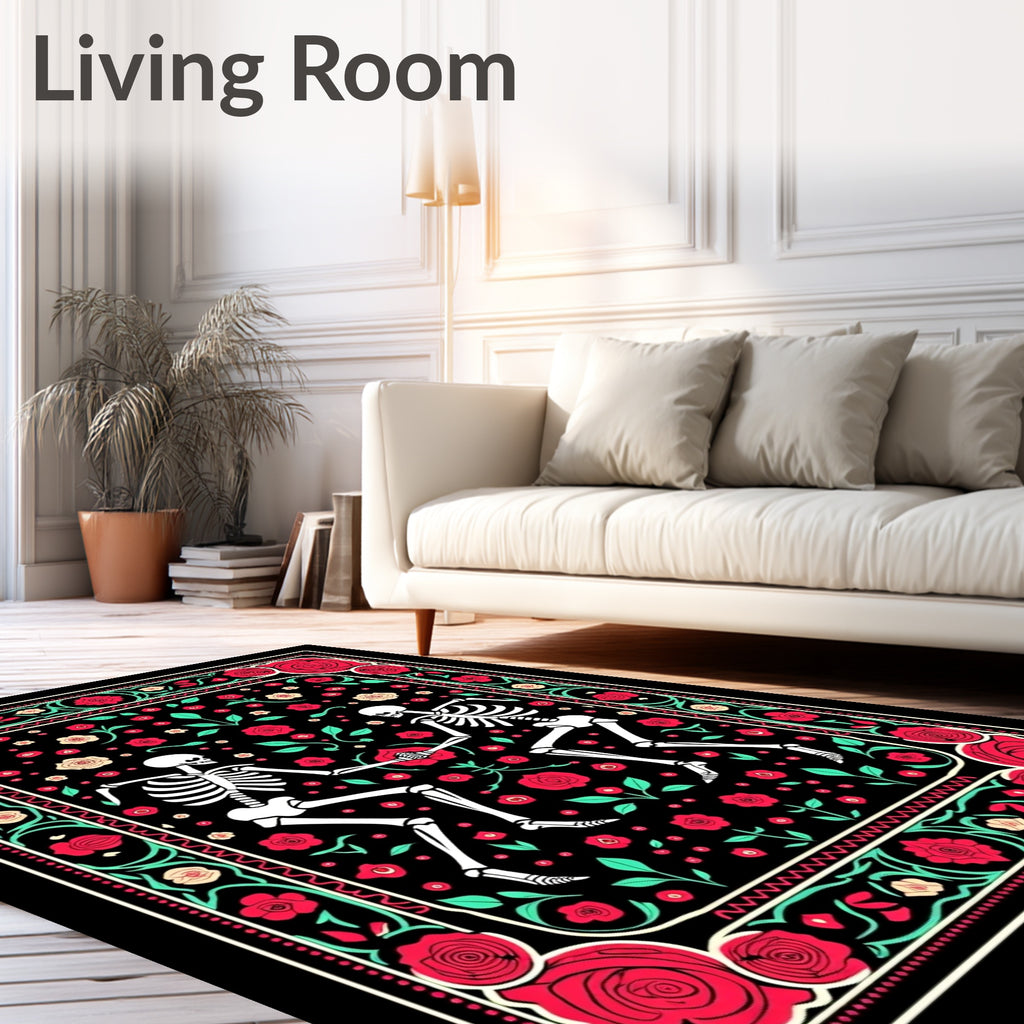 Dancing Skeletons Red Rose Garland Rug