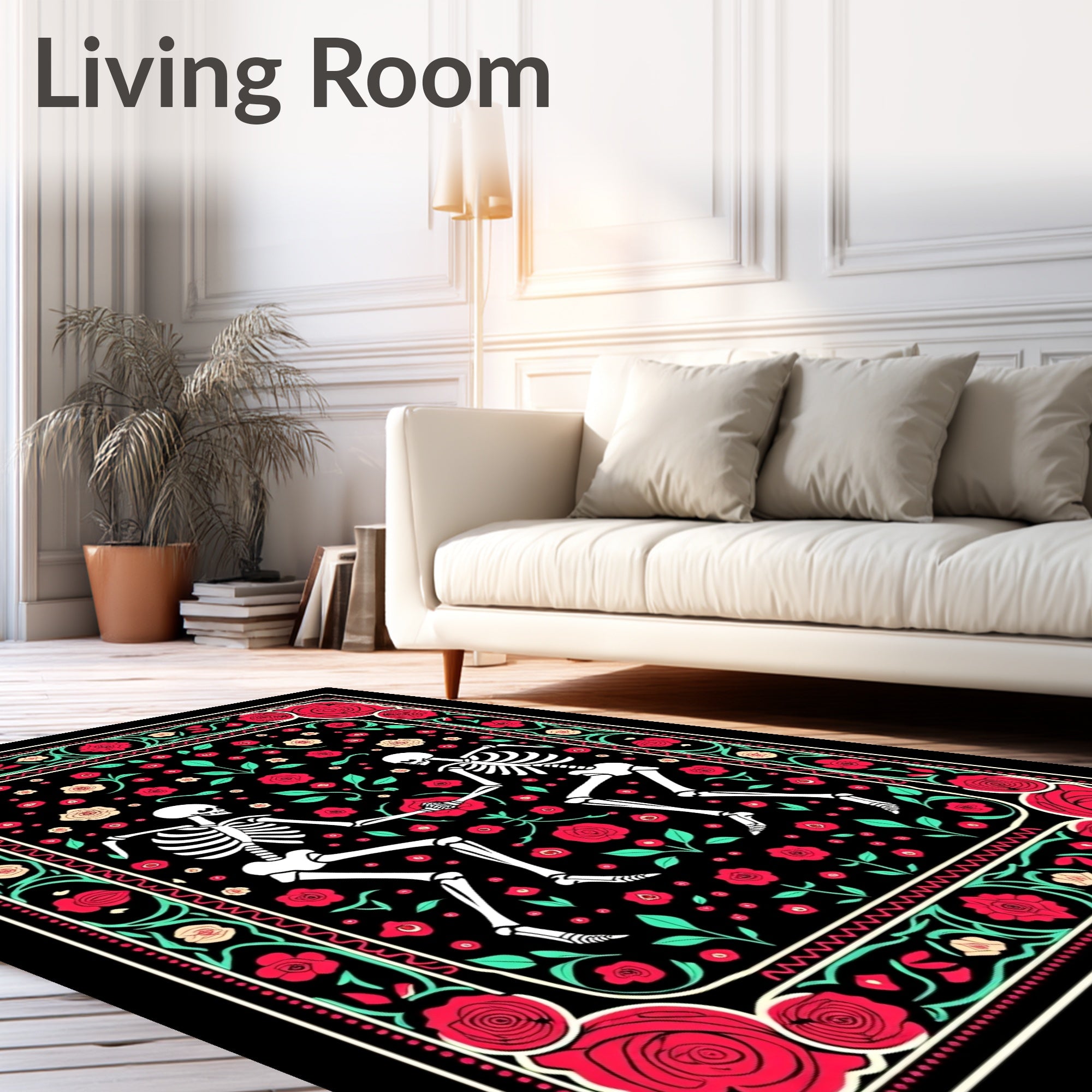 Dancing Skeletons Red Rose Garland Rug