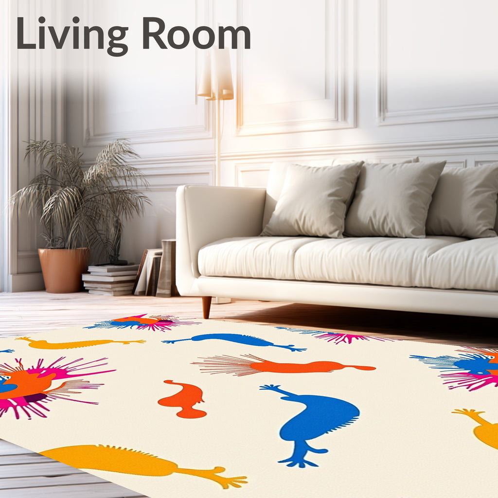 Vibrant Abstract Creatures Orange Blue Yellow Rug