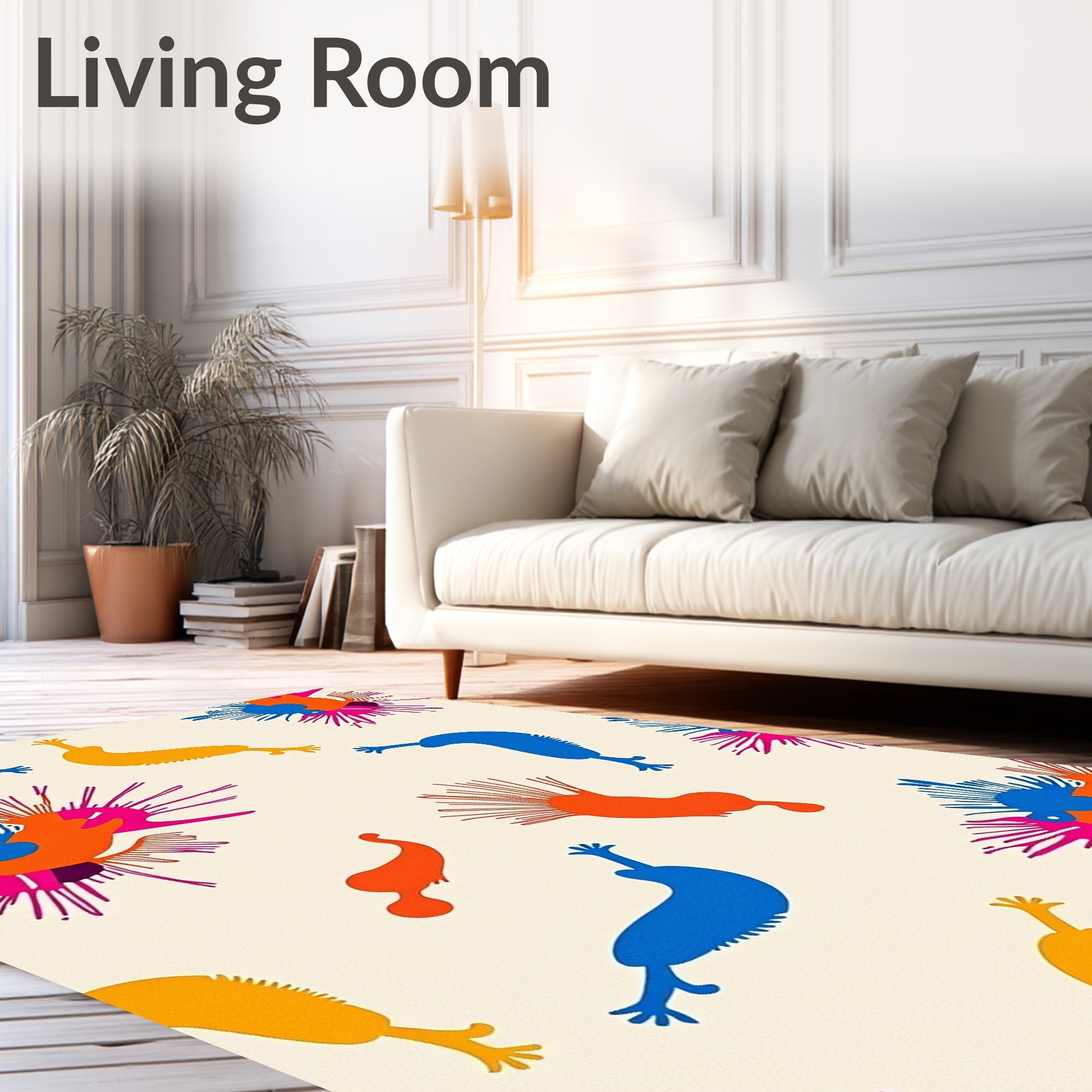 Vibrant Abstract Creatures Orange Blue Yellow Rug