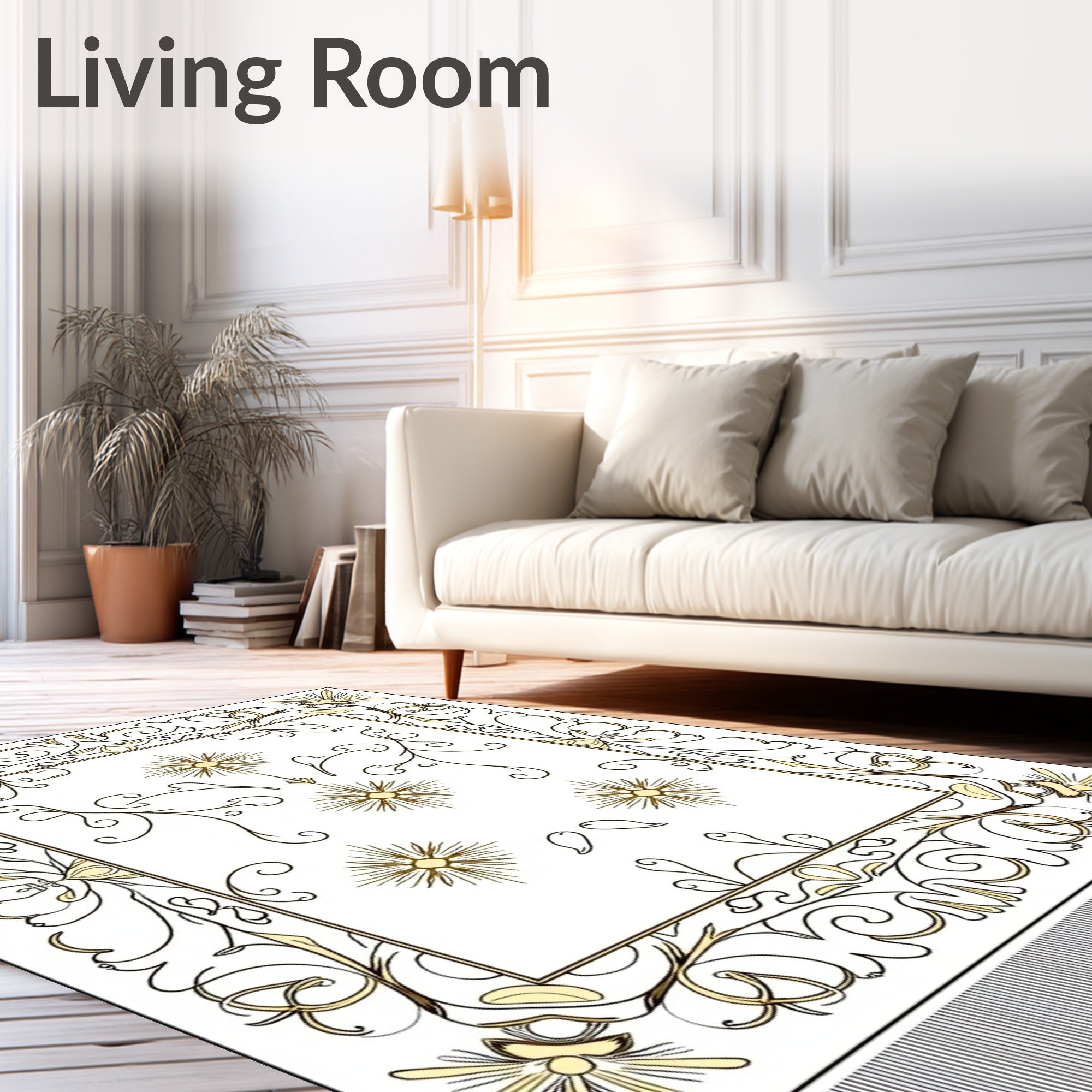 Golden Floral Scrollwork Medallion Border Rug