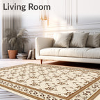 Cream Brown Floral Lattice Border Rug