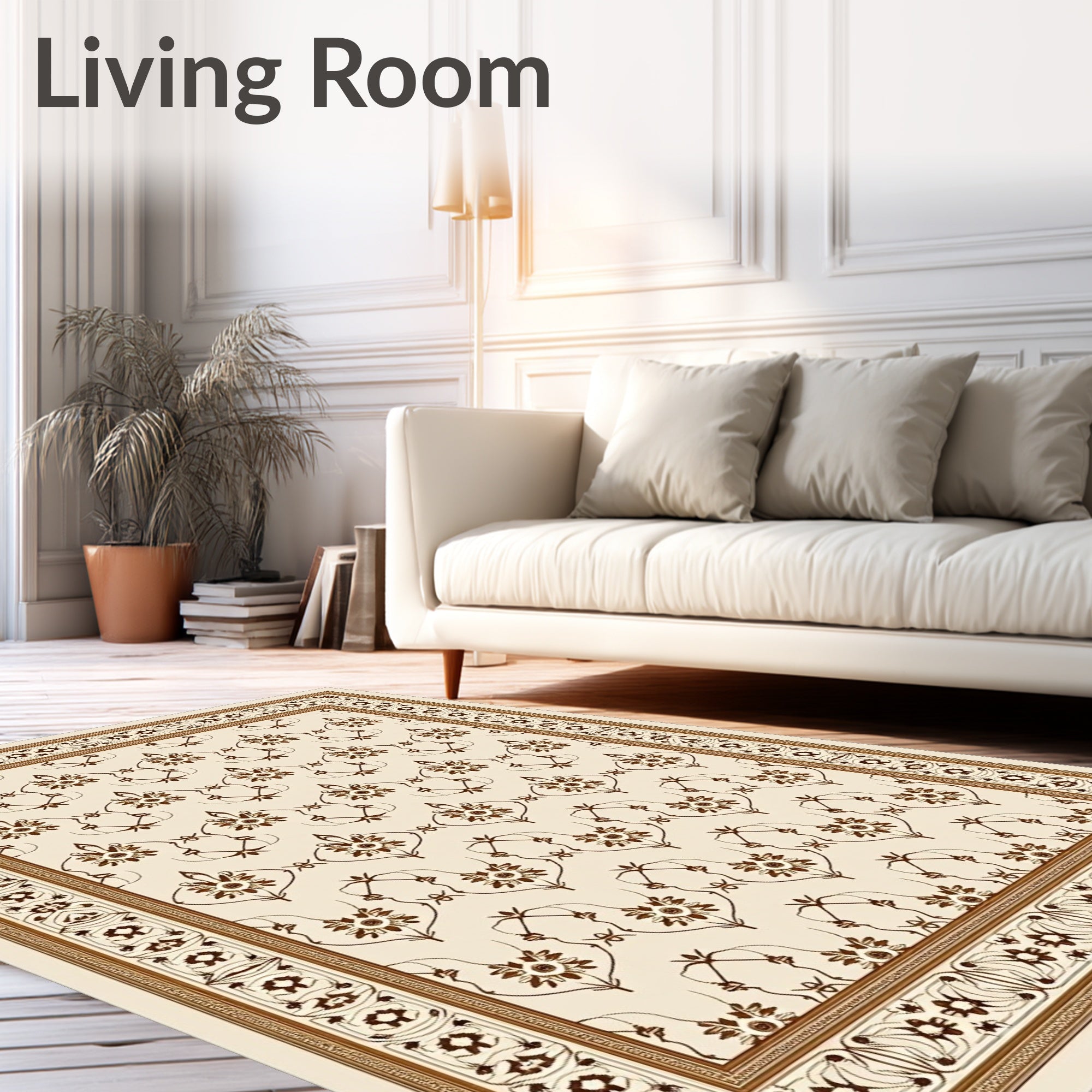 Cream Brown Floral Lattice Border Rug