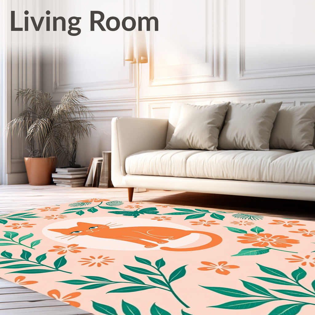 Orange Cat Floral Butterfly Whimsy Rug
