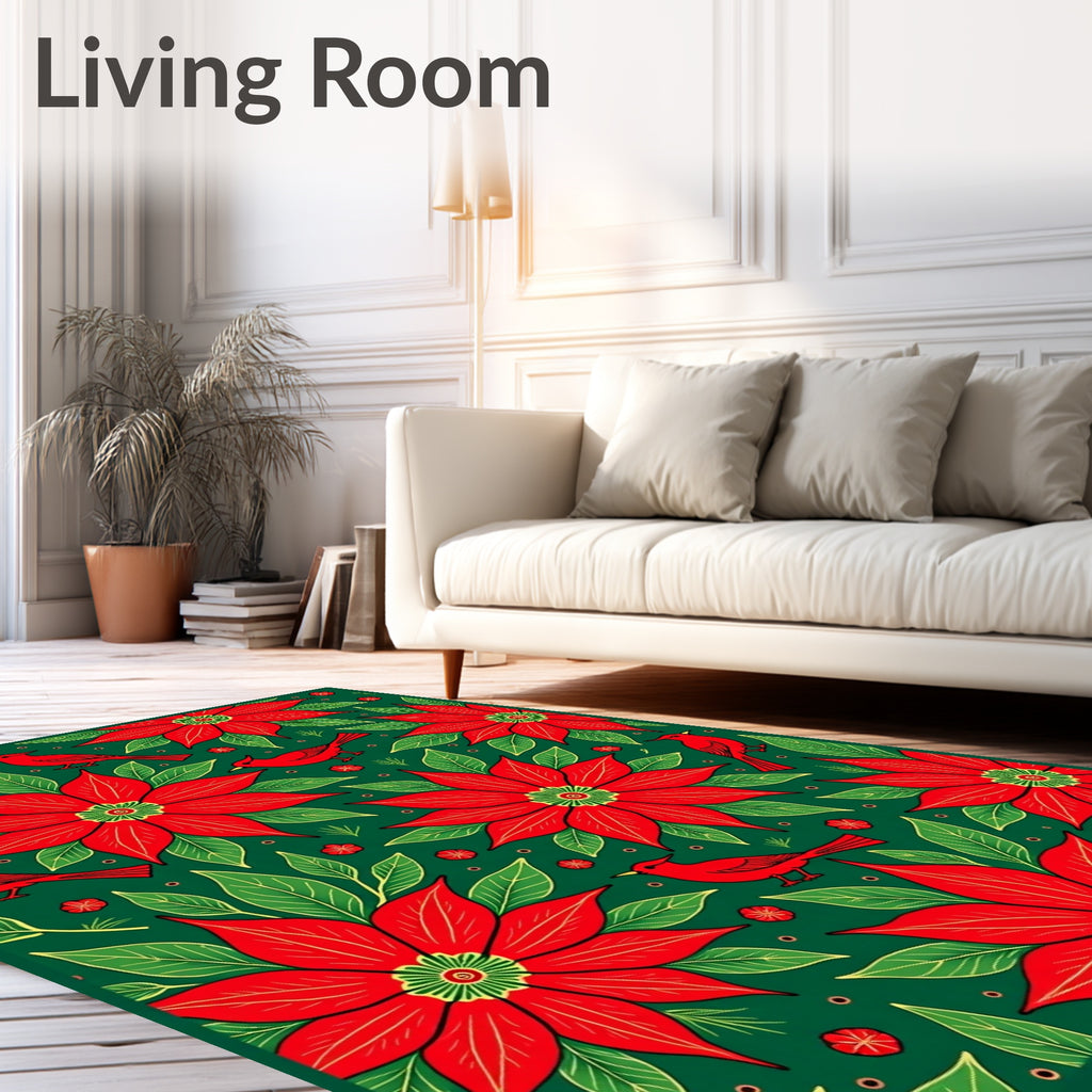 Red Poinsettia Cardinal Festive Floral Rug