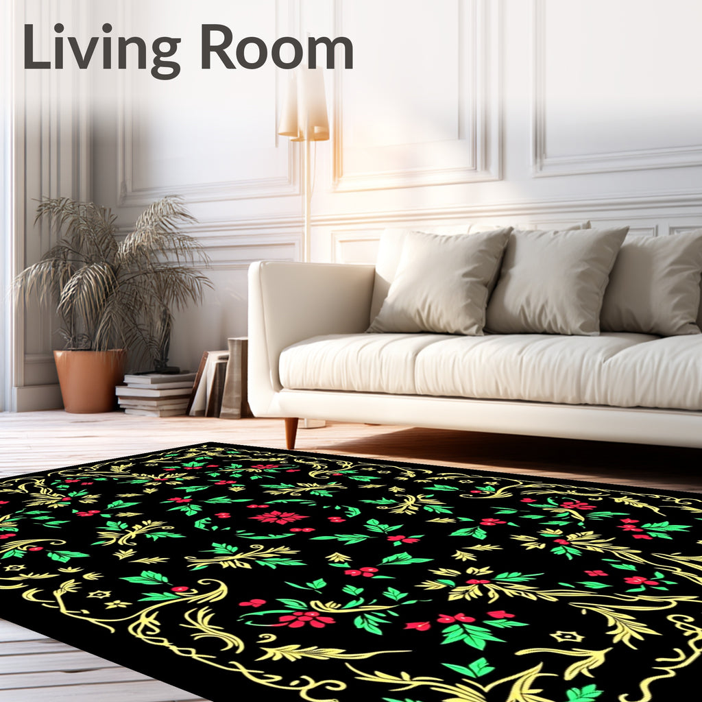 Crimson Red Green Gold Floral Swirl Rug