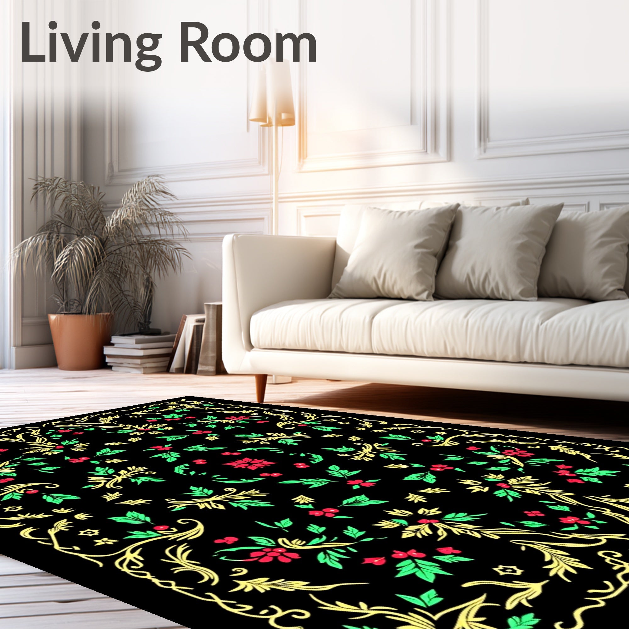 Crimson Red Green Gold Floral Swirl Rug