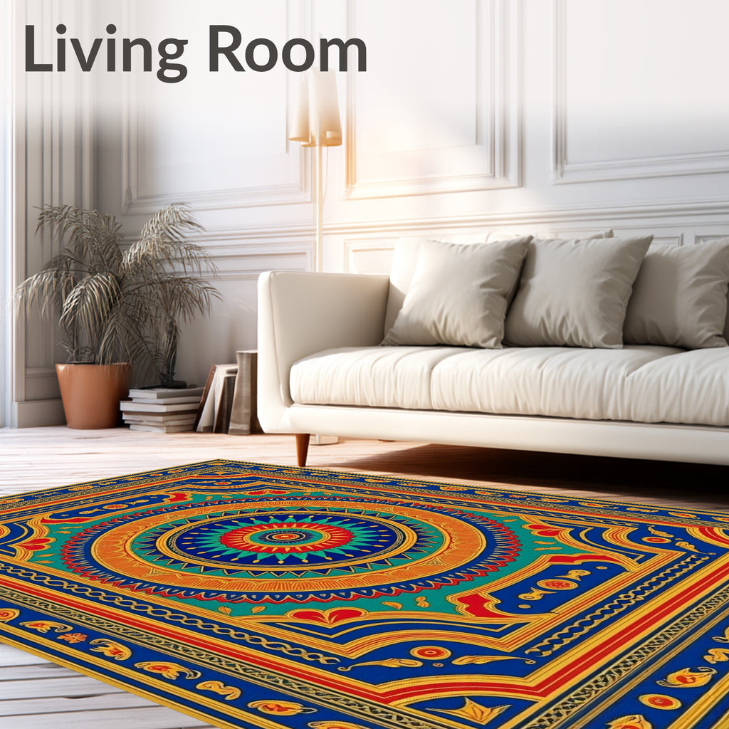 Vibrant Blue Red Teal Medallion Rug