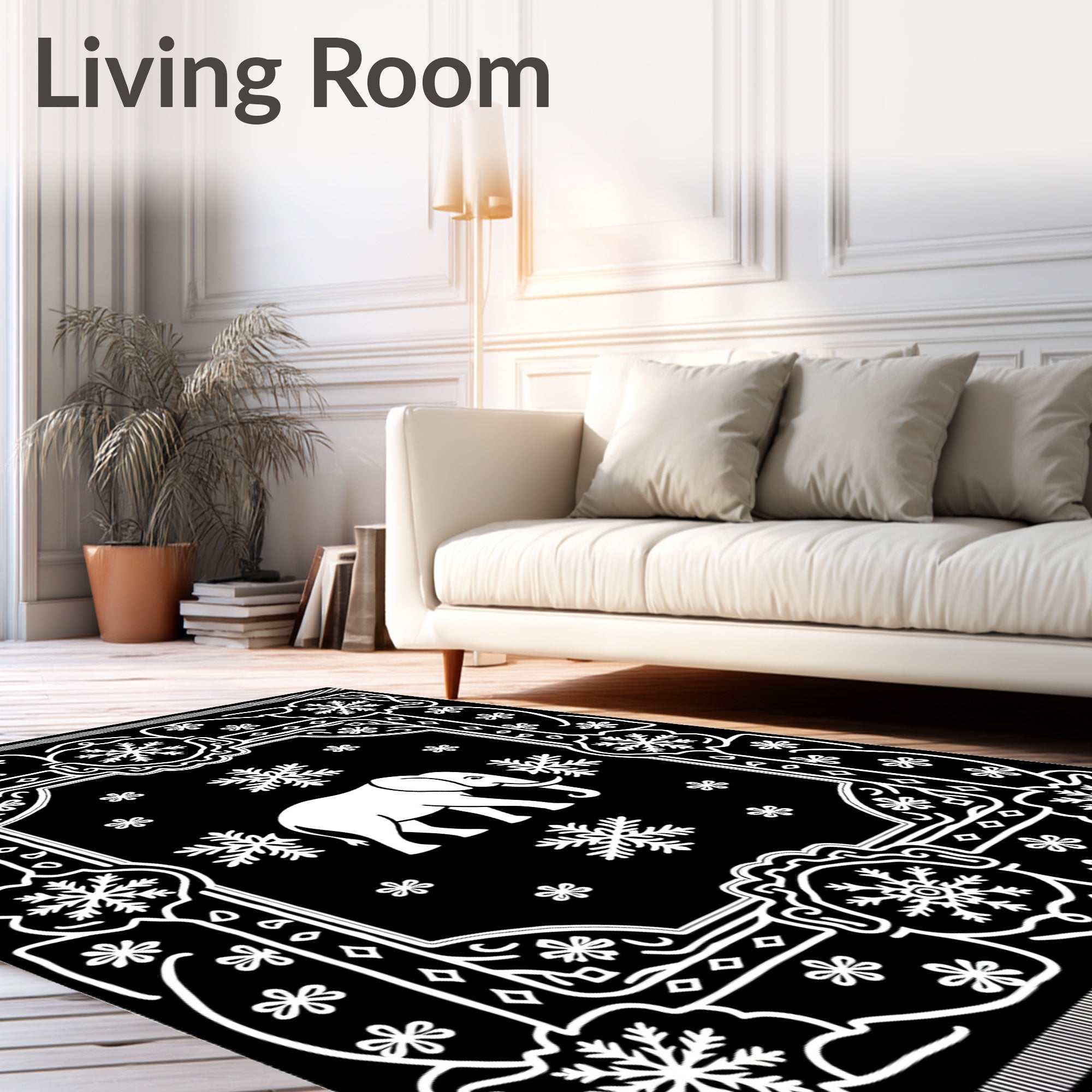 Black White Elephant Snowflake Frame Rug