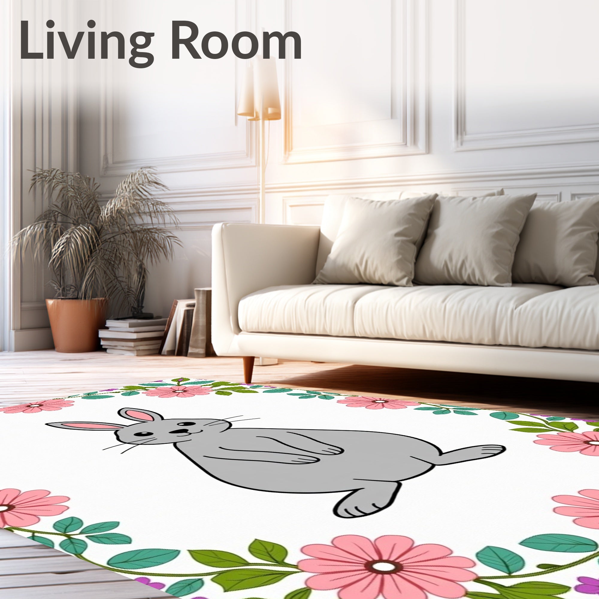Gray Bunny Surrounded by Pink Flowers Rug
