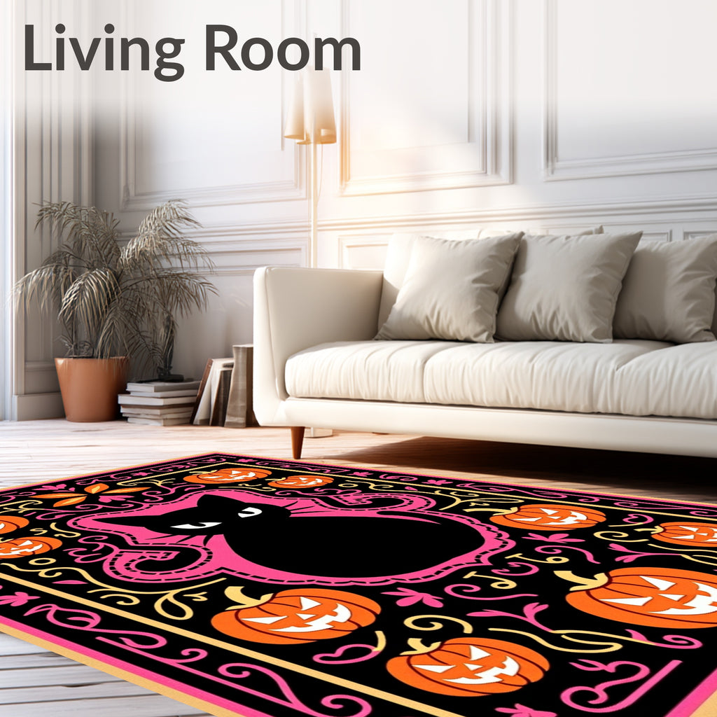 Black Cat Orange Pumpkin Halloween Border Rug