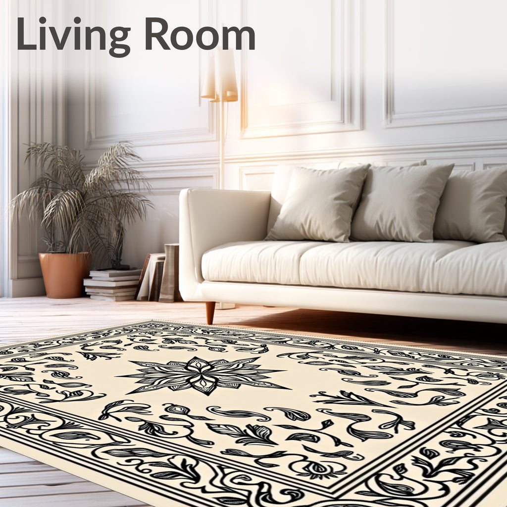 Elegant Black and Cream Floral Outline Rug