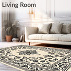 Elegant Black and Cream Floral Outline Rug