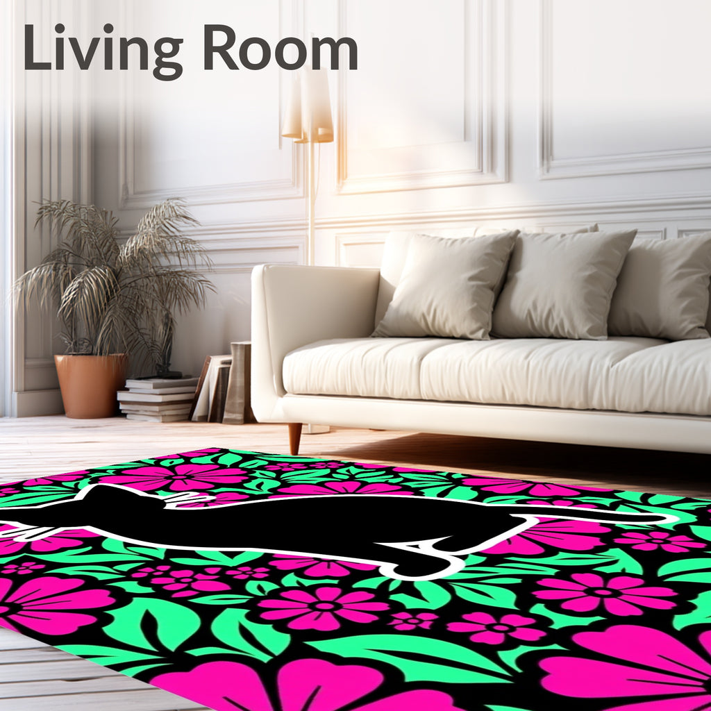 Black Cat Pink Floral Garden Rug