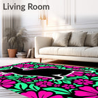 Black Cat Pink Floral Garden Rug