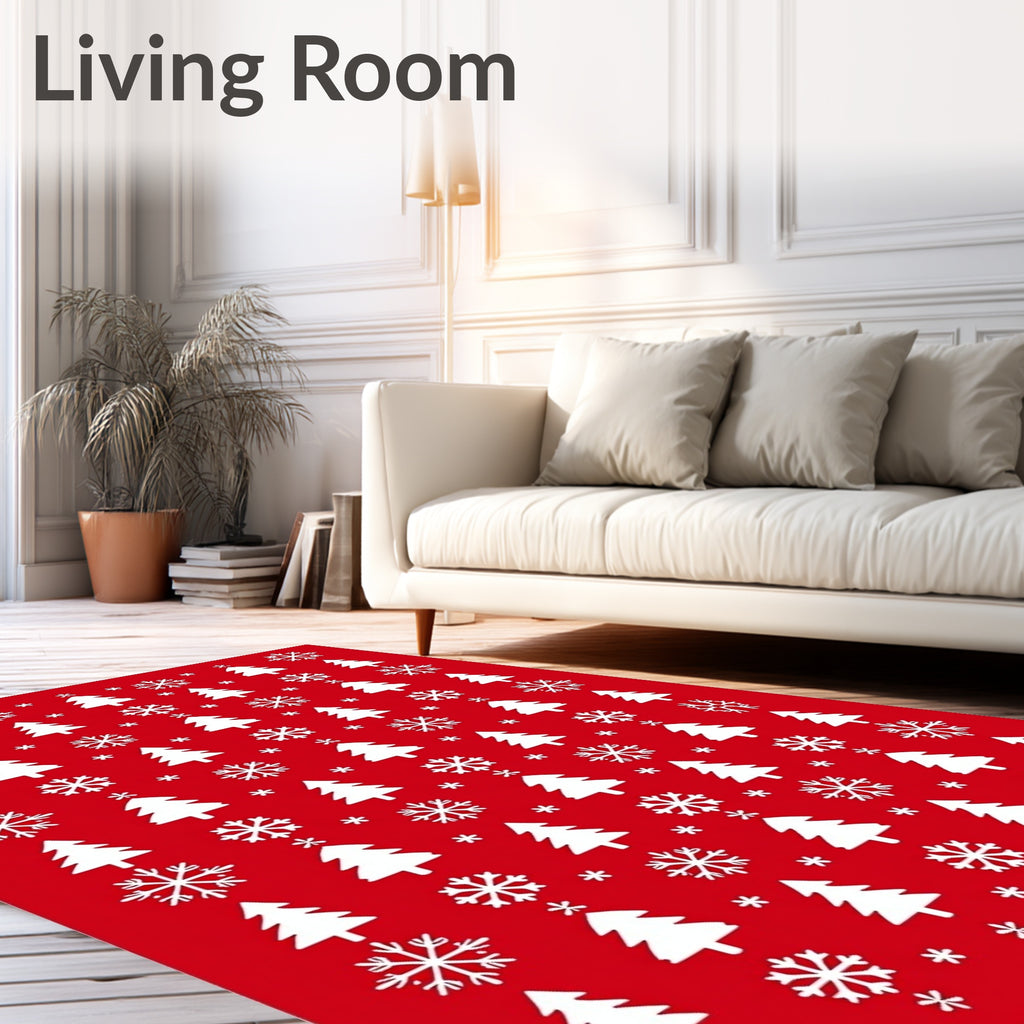 Red White Christmas Trees Snowflakes Rug