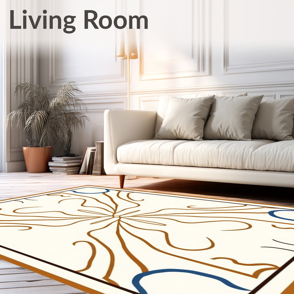 Cream Brown Blue Symmetrical Floral Vine Rug