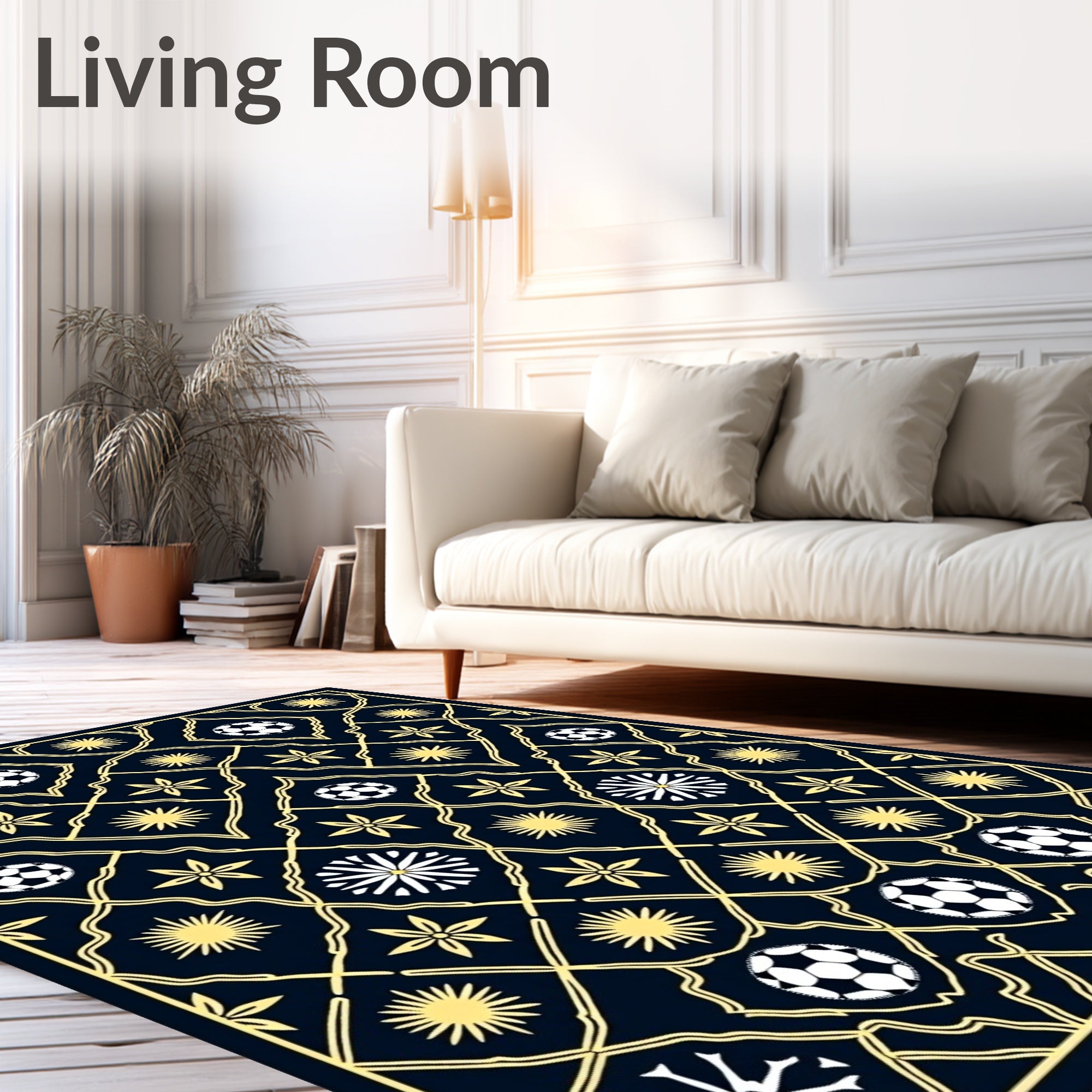 Navy Gold Soccer Balls Starbursts Floral Rug