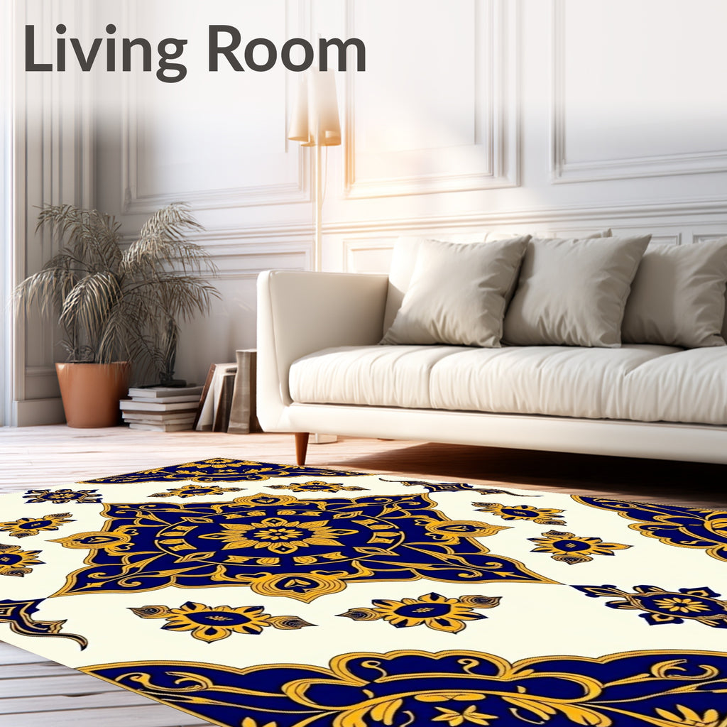 Ornate Blue Gold Floral Medallion Rug