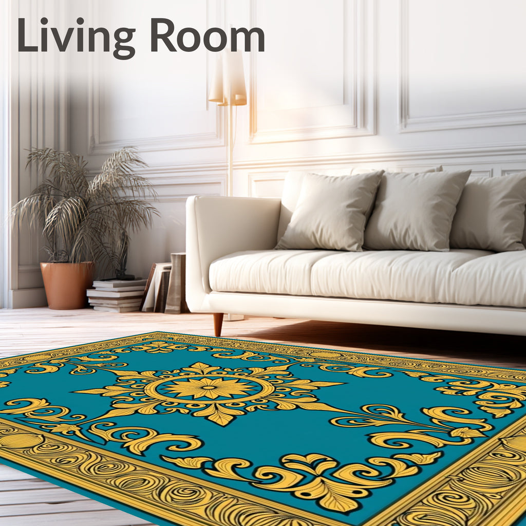 Teal and Gold Ornate Medallion Rug
