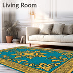 Teal and Gold Ornate Medallion Rug