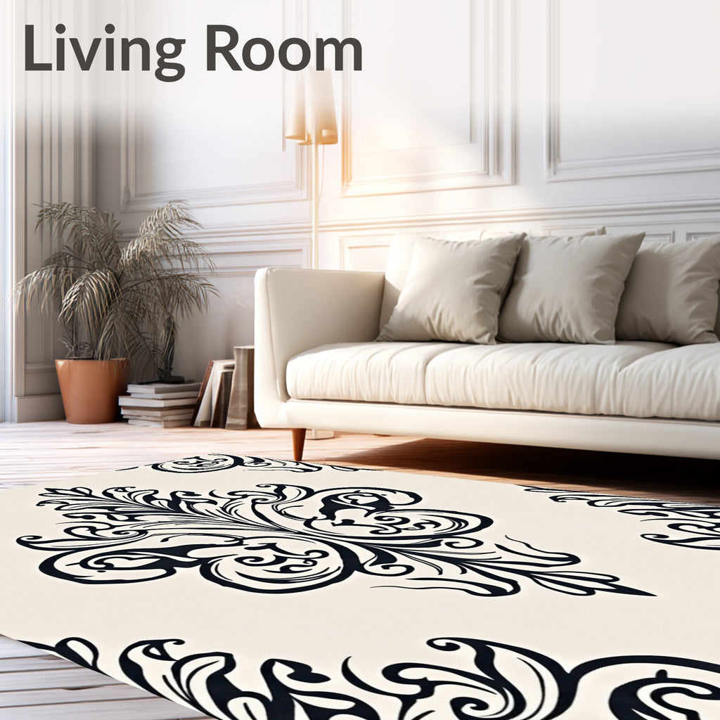 Classic Black Damask Cream Ornament Rug