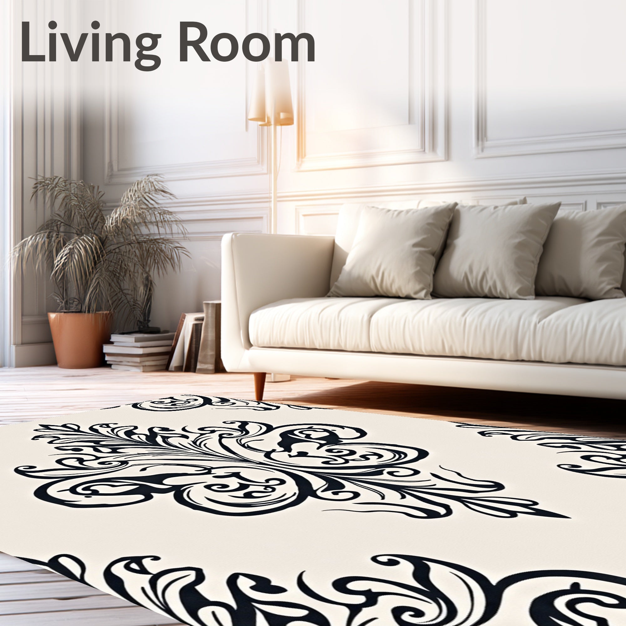 Classic Black Damask Cream Ornament Rug